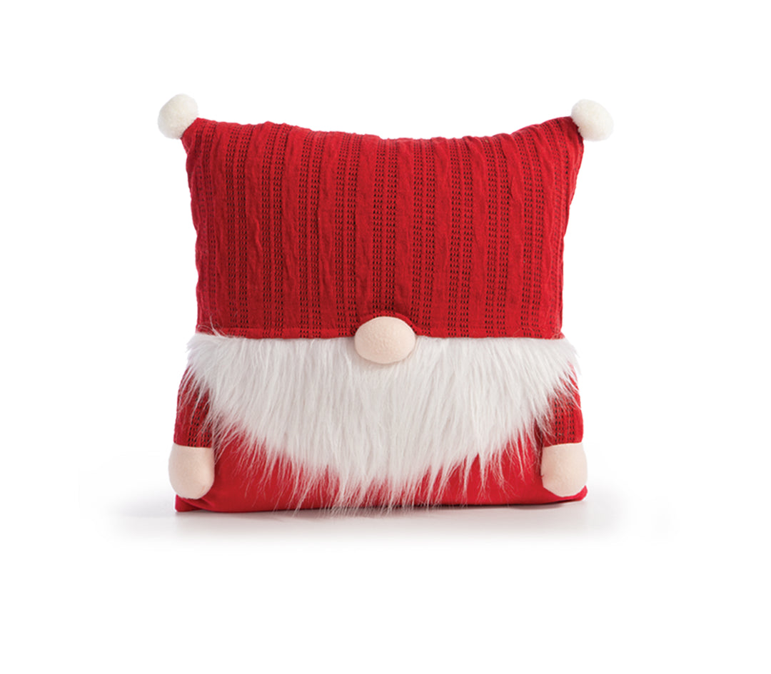 Χριστουγεννιάτικη μαξιλαροθήκη σε σχέδιο γκνόμ, με κόκκινο πλεκτό ύφασμα, λευκή συνθετική γούνα για γένια και διακοσμητικά στοιχεία όπως μύτη και χέρια σε μπεζ χρώμα.