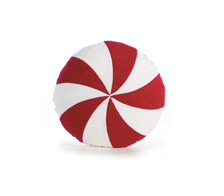 Διακοσμητικό μαξιλάρι σε στρογγυλό σχήμα, με κόκκινο και λευκό σχέδιο που θυμίζει ζαχαρωτό peppermint