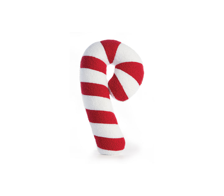 Διακοσμητικό μαξιλάρι σε σχήμα ζαχαρωτού candy cane, με κόκκινες και λευκές ρίγες και απαλή, χνουδωτή υφή