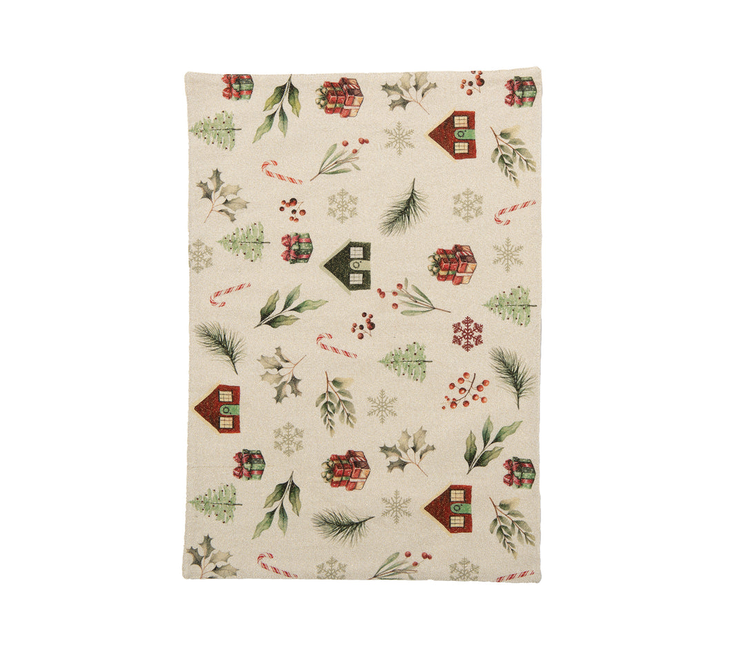 Ορθογώνιο σουπλά σε εκρού χρώμα με χριστουγεννιάτικο μοτίβο από δέντρα, σπιτάκια, γκι, φύλλα, δώρα και ζαχαρωτά μπαστουνάκια σε πράσινες, κόκκινες και χρυσές αποχρώσεις.