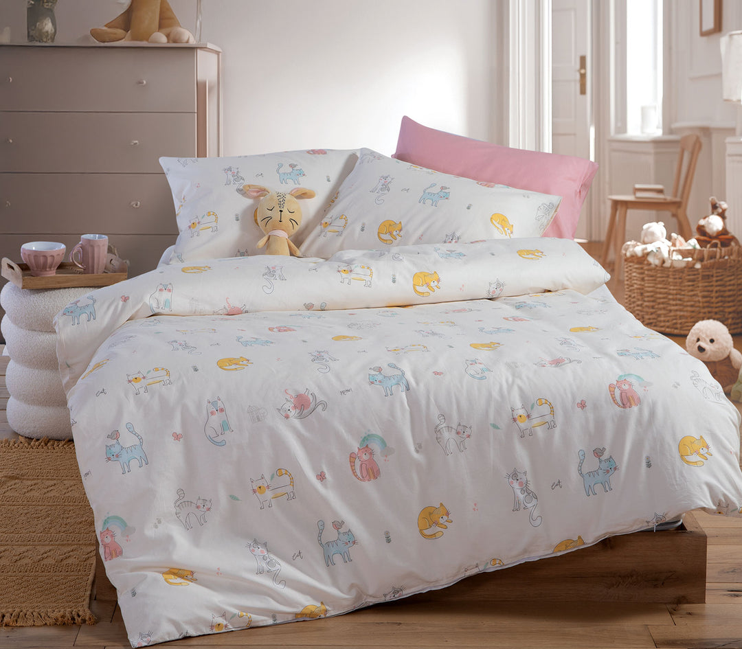 Σετ Παιδικά Σεντόνια Εκρού Cat Life 170X260cm Nef-Nef Homeware