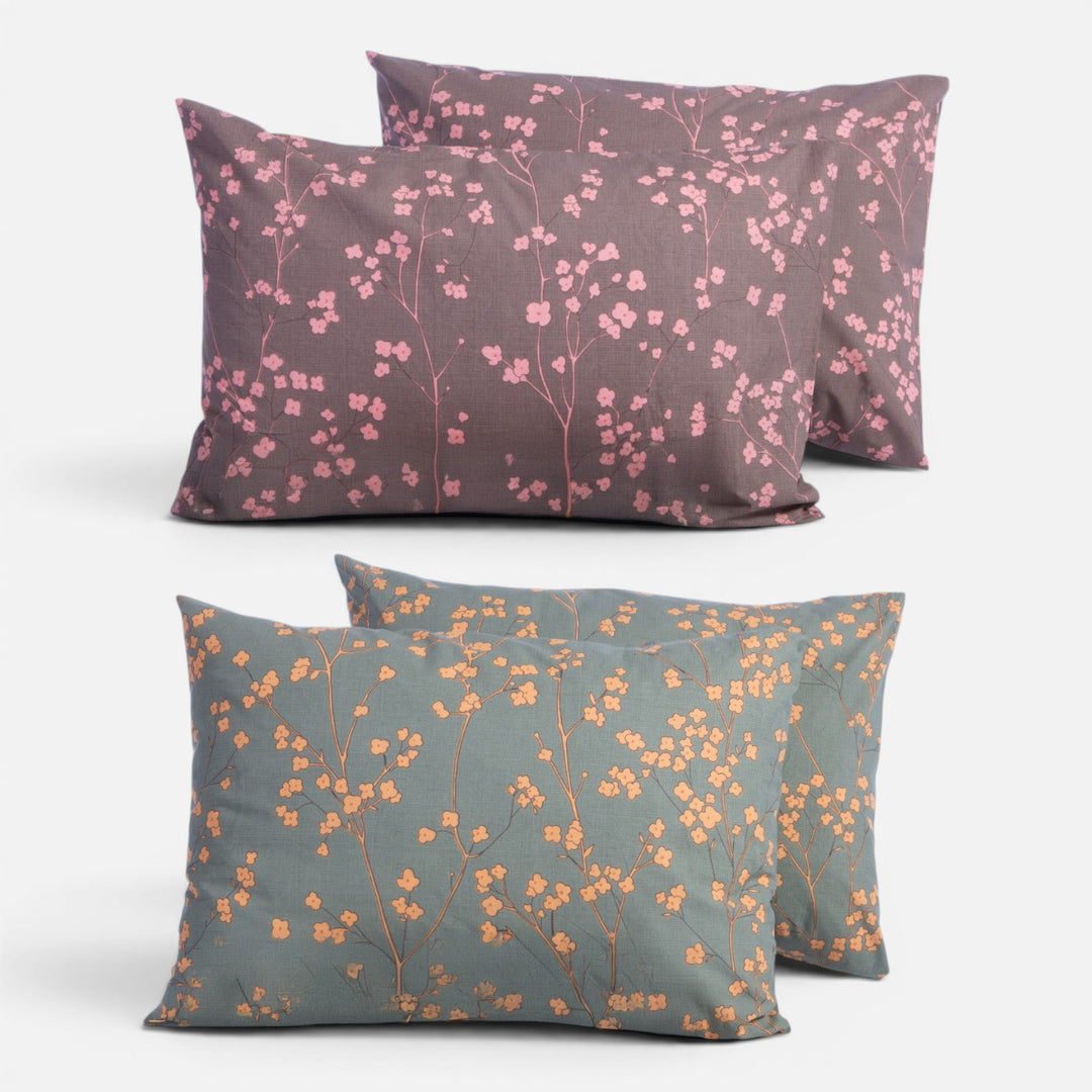 Μαξιλαροθήκες ύπνου Floriva Nef-Nef Homeware σε καφέ και πράσινη απόχρωση με ροζ και πορτοκαλί λουλουδάτο μοτίβο.