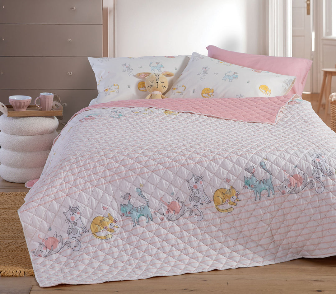 Παιδικό Κουβερλί Εκρού/Ροζ Μονό Cat Life 180X240cm Nef-Nef Homeware