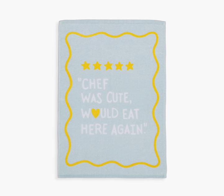 Ποτηρόπανο γαλάζιο με κίτρινο περίγραμμα και χιουμοριστικό μήνυμα σε απαλή βαμβακερή υφή.