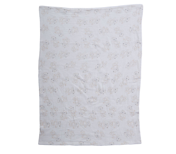 Βρεφική κουβέρτα αγκαλιάς με σχέδιο αρκουδάκια απλωμένη σε λευκό φόντο, με απαλή υφή και διακριτικό παιδικό μοτίβο.