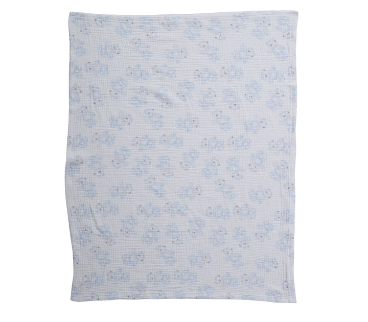 Βρεφική κουβέρτα αγκαλιάς με σχέδιο αρκουδάκια απλωμένη σε λευκό φόντο, με απαλή υφή και διακριτικό παιδικό μοτίβο.