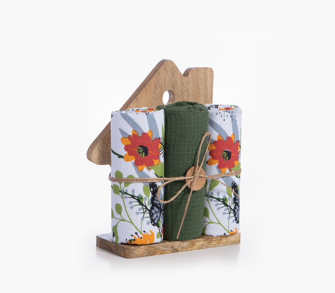 Διακοσμητικό Ξύλινο Σπίτι Με Σετ Ποτηρόπανα 3 Τεμαχίων Πολύχρωμο Βαμβακερό House Nef-Nef Homeware