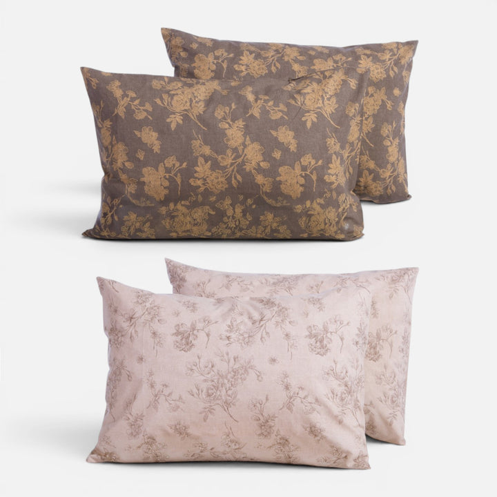Βαμβακερές μαξιλαροθήκες ύπνου Dream Nef-Nef Homeware σε εκρού και καφέ αποχρώσεις με ρομαντικό floral σχέδιο.