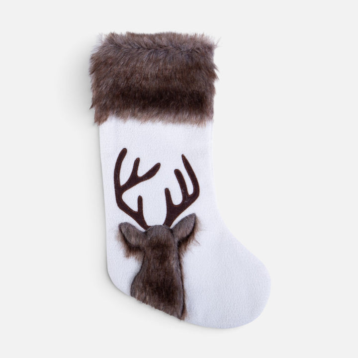 Λευκή διακοσμητική κάλτσα Reindeer Nef-Nef με καφέ γούνινο μανσέτα και ανάγλυφο κεφάλι τάρανδου με κέρατα.