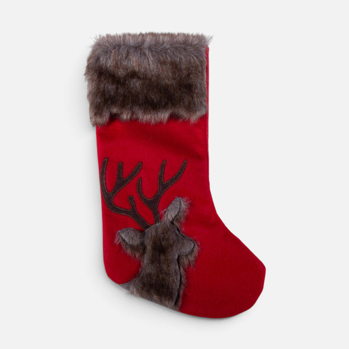 Κόκκινη διακοσμητική κάλτσα Reindeer Nef-Nef με καφέ γούνινο τελείωμα και ανάγλυφο κεφάλι τάρανδου.