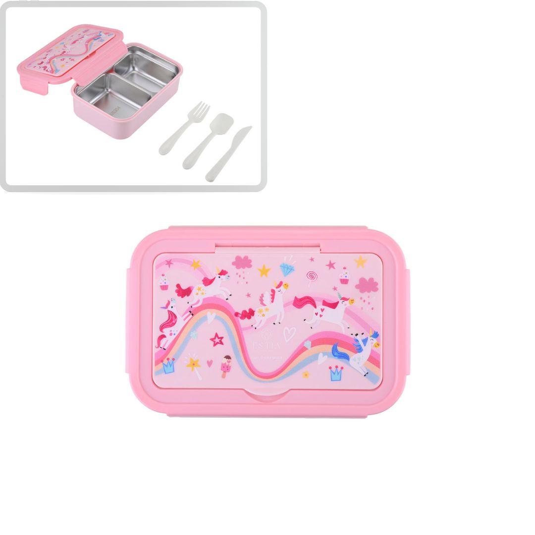 Τάπερ Estia Παιδικό Ανοξείδωτο 2 Θήκες Κουτάλι Πιρούνι Μαχαίρι 900ml Ροζ Rainbow Dreams