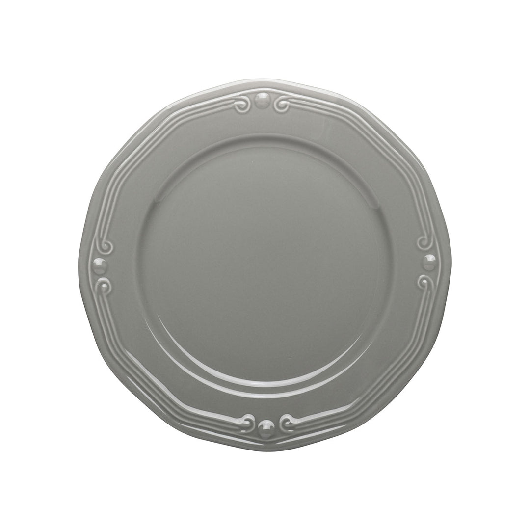 Πιάτο πορσελάνης σε γκρι απόχρωση με ανάγλυφο σχέδιο και κομψό σχεδιασμό σε λευκό φόντο.
