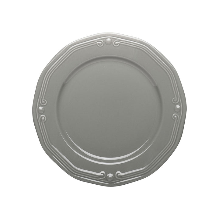 Πιάτο πορσελάνης σε γκρι απόχρωση με ανάγλυφο σχέδιο και κομψό σχεδιασμό σε λευκό φόντο.