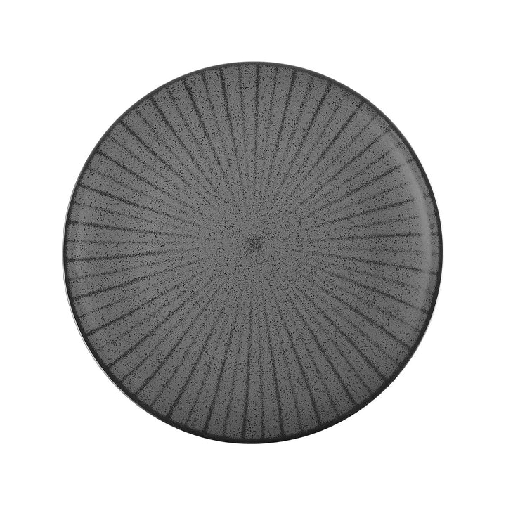 Ρηχό πιάτο Nordic της Estia από πάνω, σε γκρι απόχρωση με ακτινωτό σχέδιο και διακριτικές πιτσιλιές.