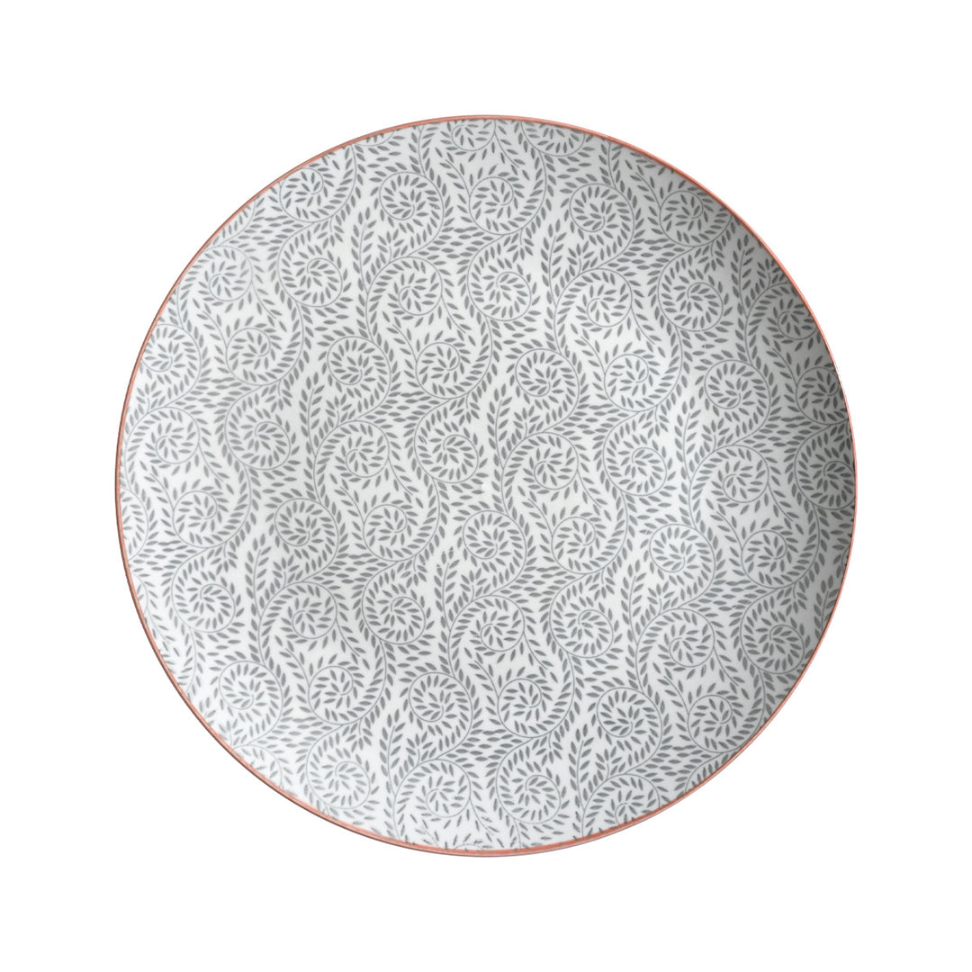 Πορσελάνινο πιάτο Estia με κυκλικό γκρι σχέδιο φύλλων και διακριτική μπορντούρα.