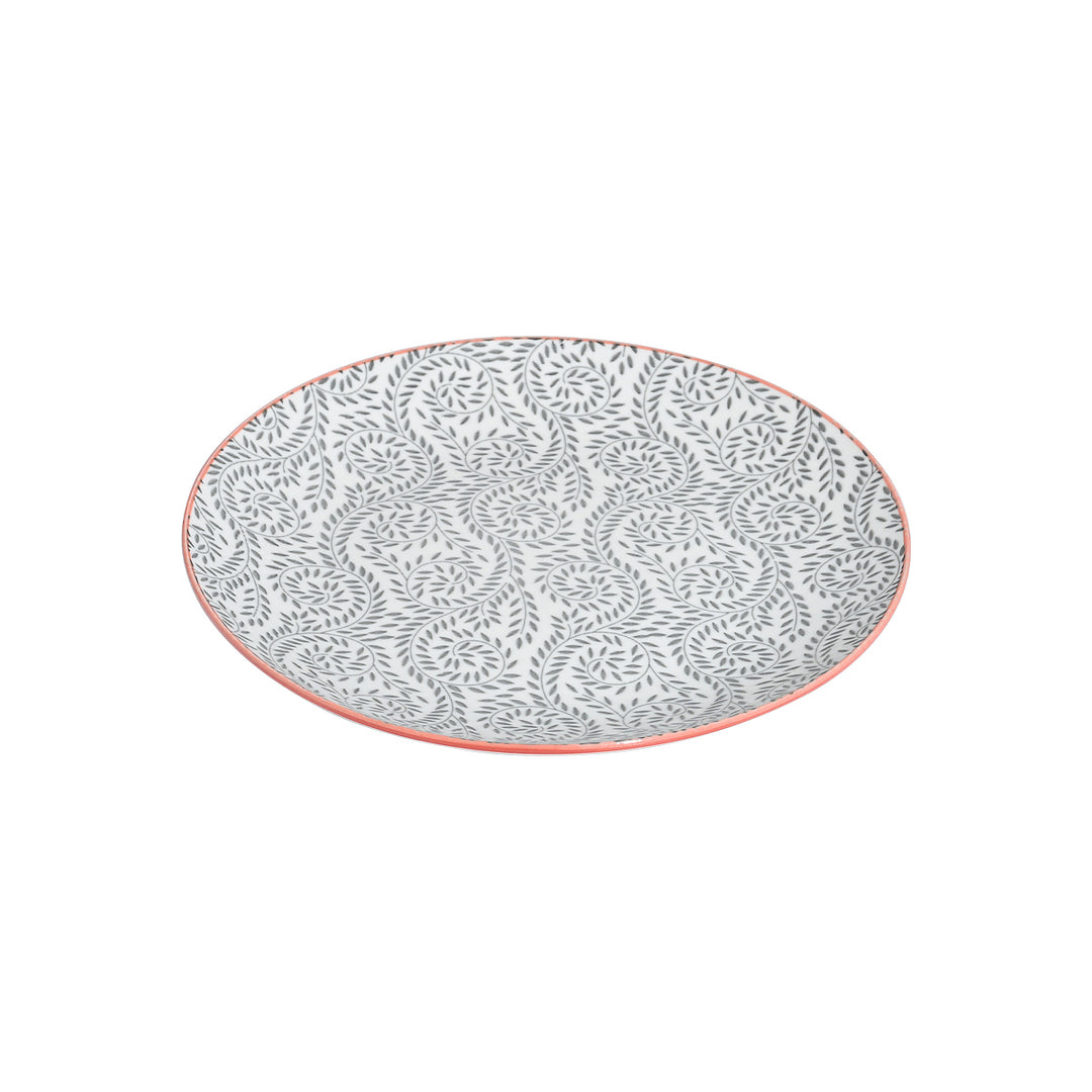 Ρηχό πορσελάνινο πιάτο Estia με γκρι μοτίβο φύλλων και πορτοκαλί περίγραμμα σε λευκό φόντο.