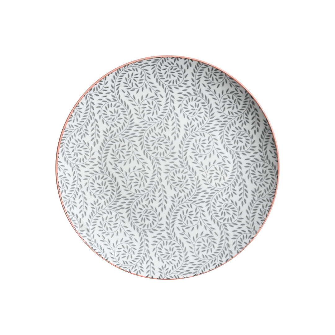 Πορσελάνινο πιάτο Estia με κυκλικό γκρι σχέδιο φύλλων και διακριτική μπορντούρα.