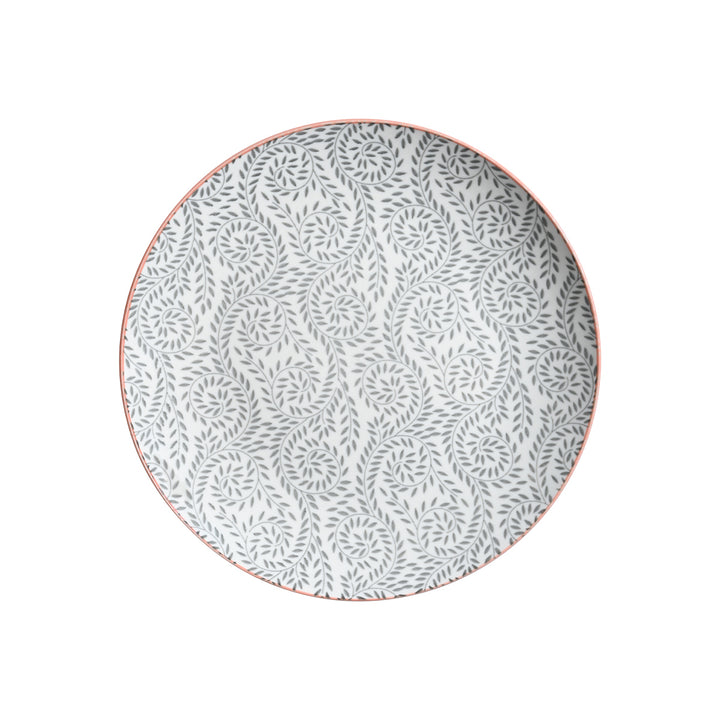 Πορσελάνινο πιάτο Estia με κυκλικό γκρι σχέδιο φύλλων και διακριτική μπορντούρα.