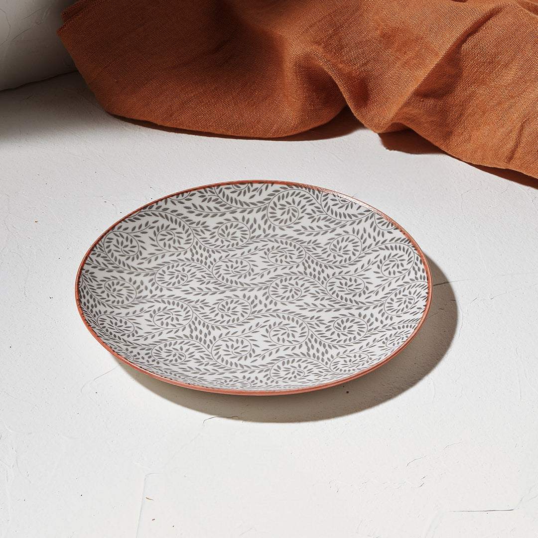 Πιάτο Ρηχό Γκρι-Λευκό με Σχέδιο Φυλλώδες Πορσελάνινο 19cm Estia