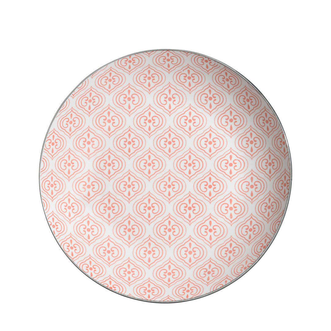 Πορσελάνινο βαθύ πιάτο Estia με συμμετρικό κοραλλί μοτίβο και γκρι περίγραμμα.