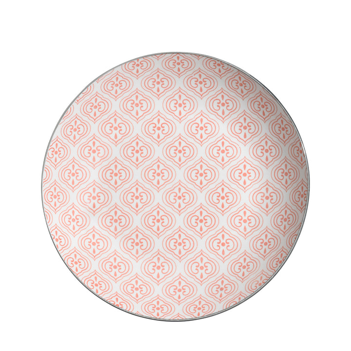 Πορσελάνινο βαθύ πιάτο Estia με συμμετρικό κοραλλί μοτίβο και γκρι περίγραμμα.