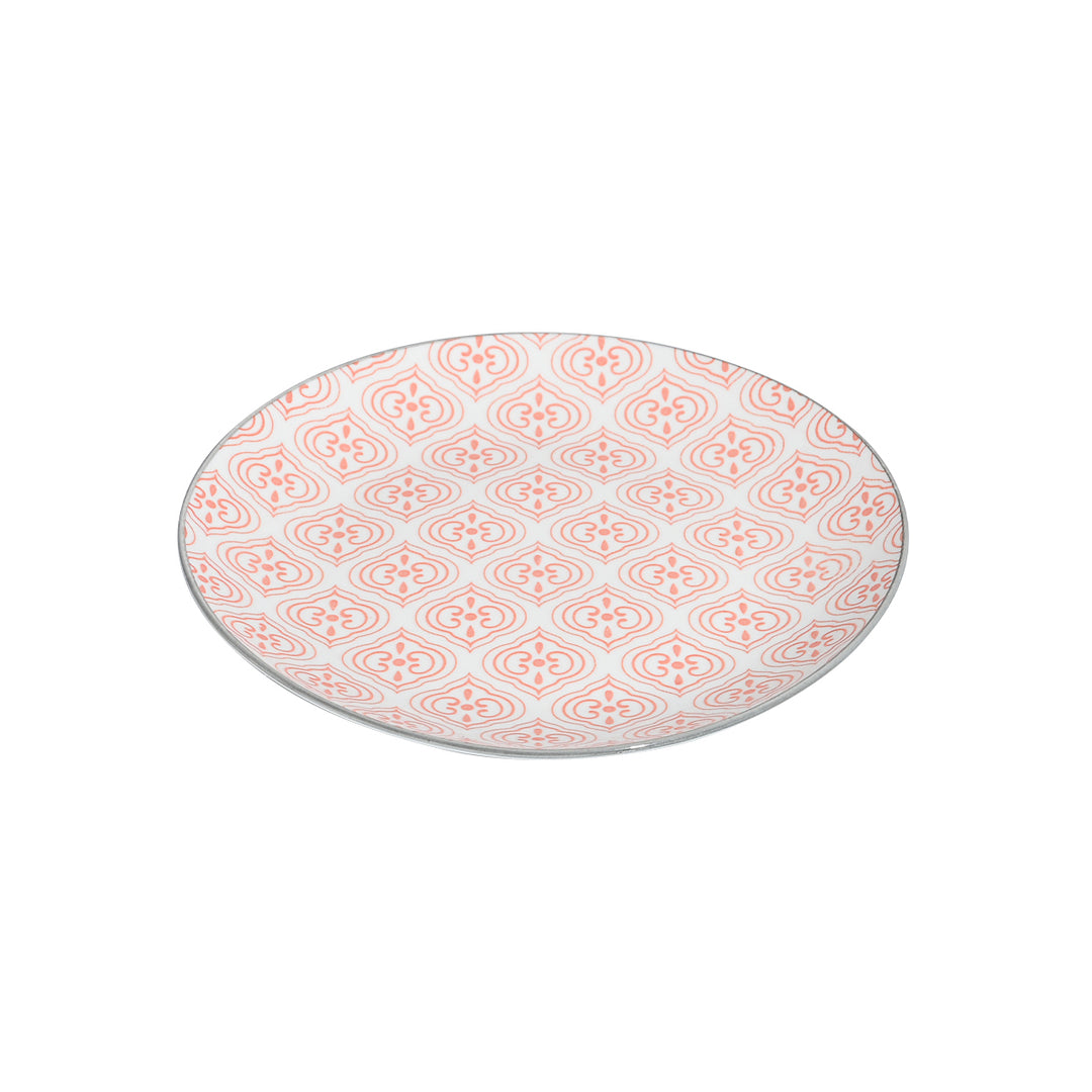 Πιάτο ρηχό από πορσελάνη της Estia με κοραλί γεωμετρικό σχέδιο σε λευκό φόντο.