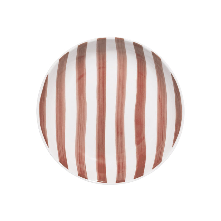 Βαθύ πορσελάνινο πιάτο Estia με ροζ ρίγες σε λευκή βάση και καθαρό φόντο.