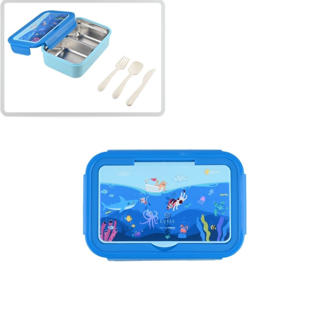 Τάπερ Estia Παιδικό Ανοξείδωτο 2 Θήκες Κουτάλι Πιρούνι Μαχαίρι 900ml Μπλε Ocean Play