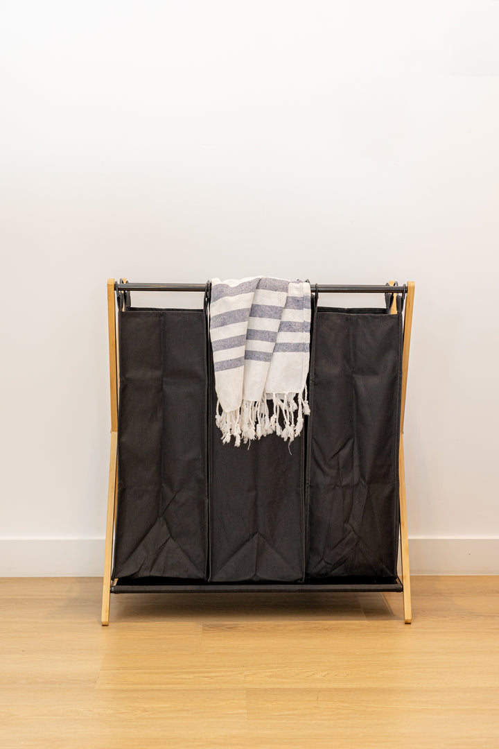 Καλάθι Απλύτων Μαύρο 102lt 3 Θέσεων 68x40x76cm Bamboo Essentials Estia