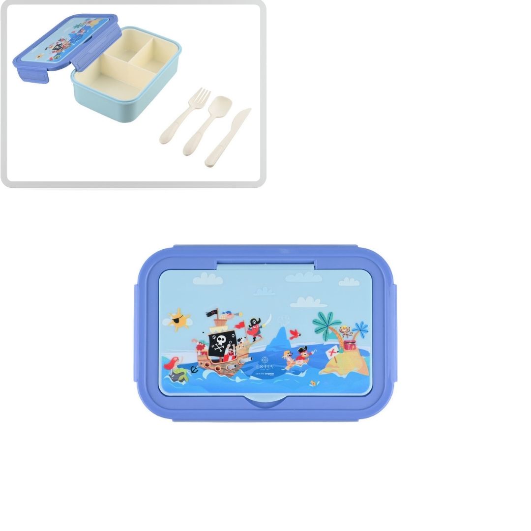 Τάπερ Estia Παιδικό Με 3 Θήκες Κουτάλι Πιρούνι Μαχαίρι 1400ml Μπλε Treasure Quest
