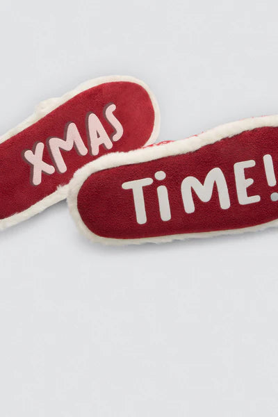 Κόκκινες γυναικείες χριστουγεννιάτικες παντόφλες με λευκή γούνα και αντιολισθητική σόλα που γράφει “XMAS TIME!”