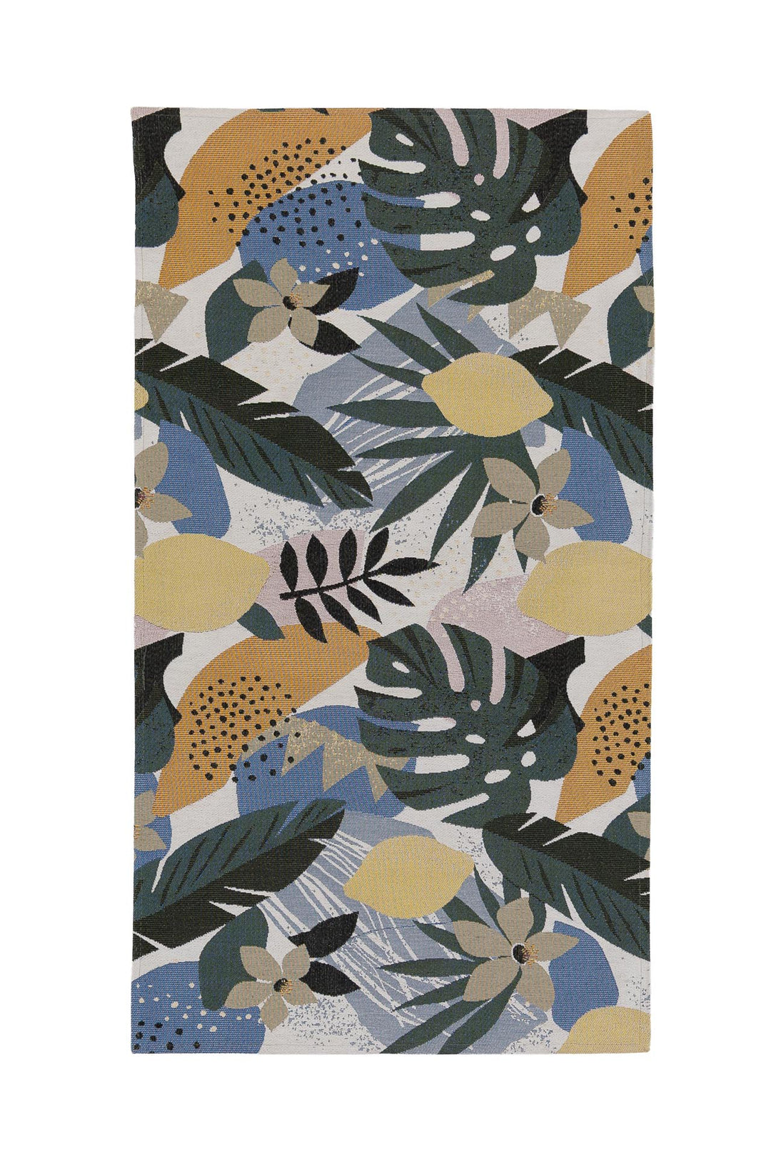 Χαλί φλοράλ με τροπικά φύλλα και καρπούς σε μπλε, πράσινες και κίτρινες αποχρώσεις σε ουδέτερο φόντο στούντιο.