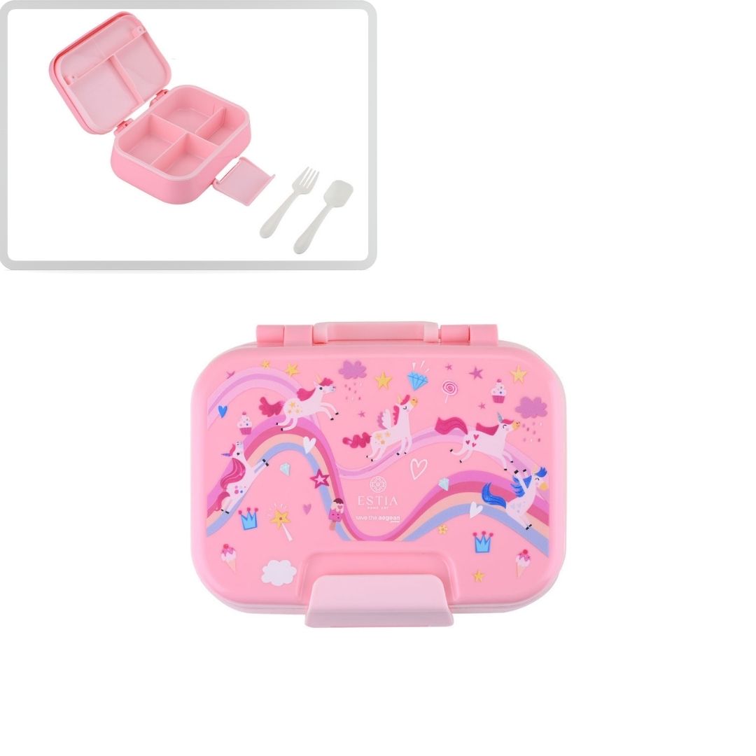 Τάπερ Estia Παιδικό 2 Επιπέδων Με Κουτάλι Και Πιρούνι 1030ml Ροζ Rainbow Dreams