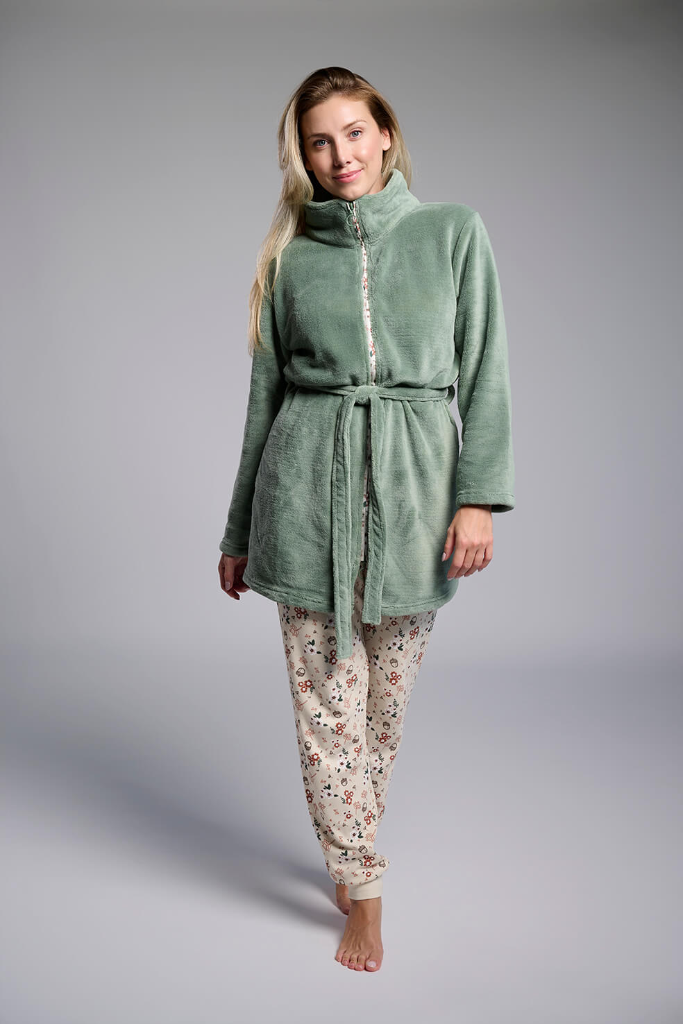 Γυναικεία Ρόμπα Πράσινη Fleece με Φερμουάρ & Ζώνη Muy Demi