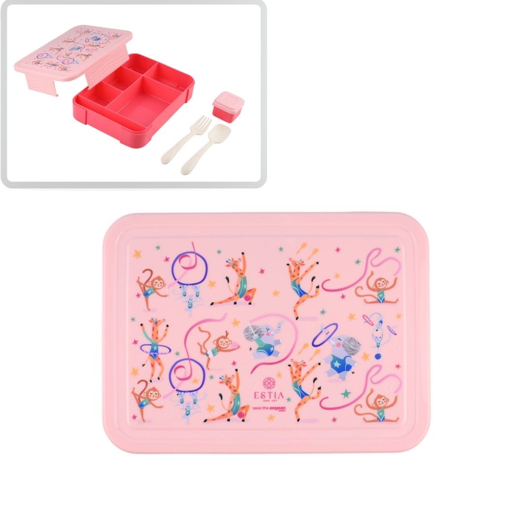 Τάπερ Estia Παιδικό Με 5 Θήκες Κουτάλι Και Πιρούνι 1330ml Ροζ Wild Stunts