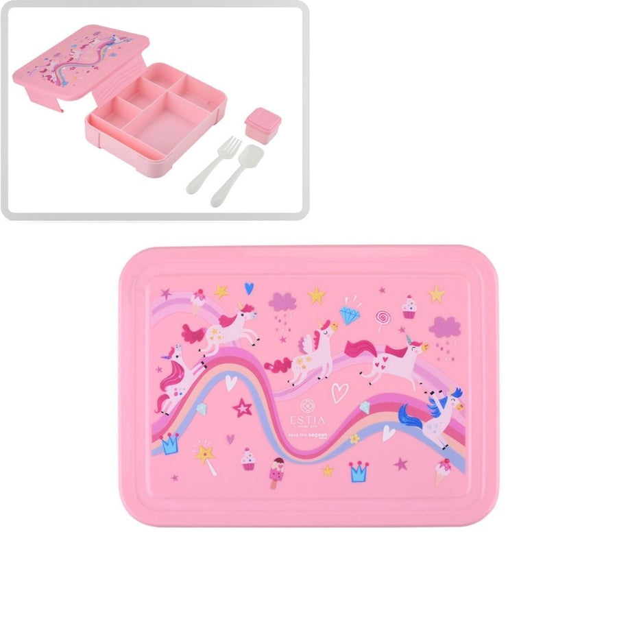 Τάπερ Estia Παιδικό Με 5 Θήκες Κουτάλι Και Πιρούνι 1330ml Ροζ Rainbow Dreams