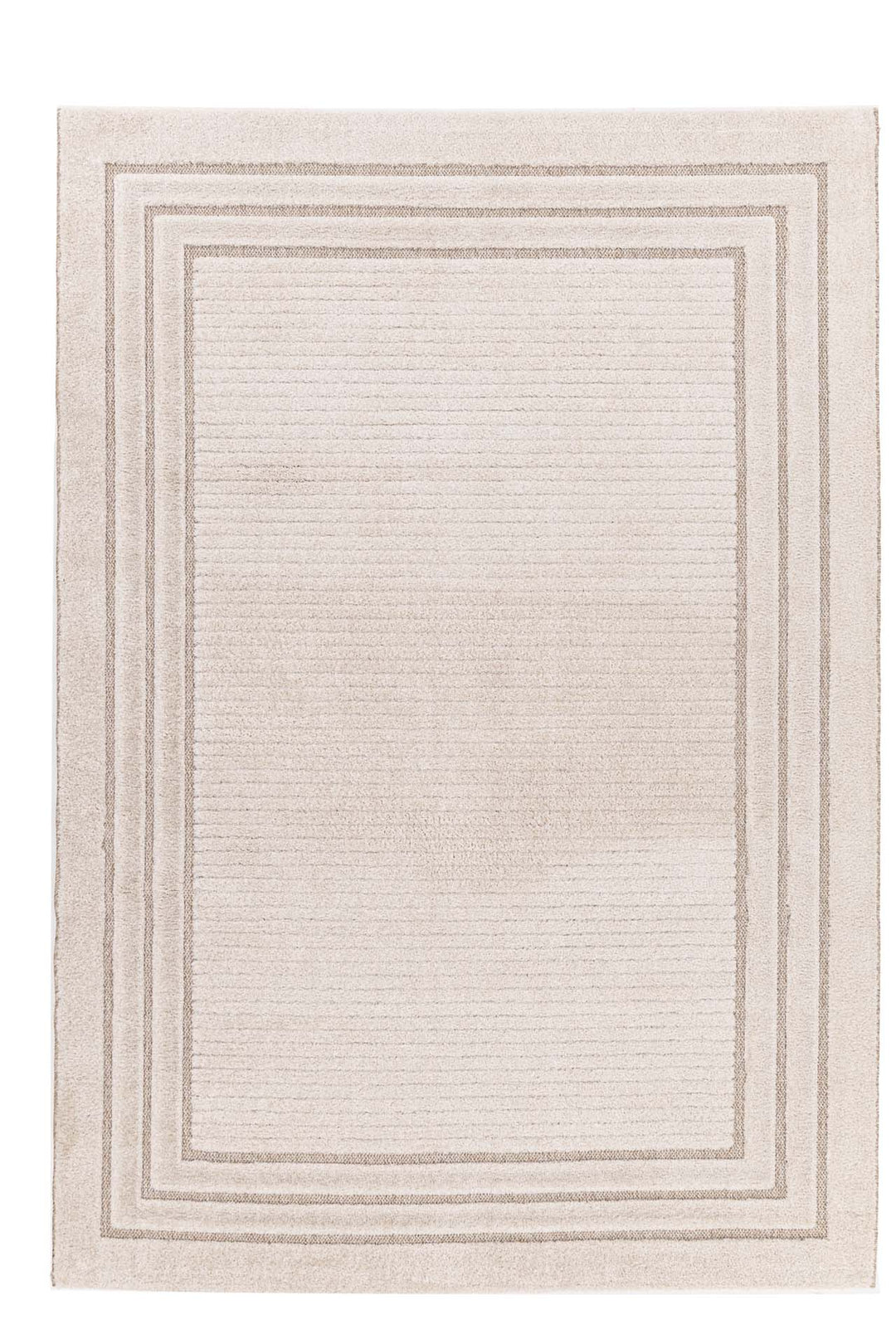 Ολόσωμη εικόνα μπεζ χαλιού με τριπλό πλαίσιο και ανάγλυφη υφή σε minimal στιλ.