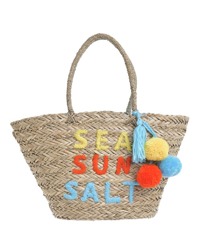 Τσάντα ψάθινη ''sea sun salt'' με τυρκουάζ λεπτομέρειες και φουντάκια