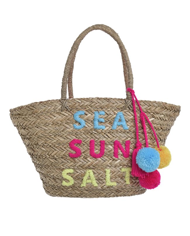 Τσάντα ψάθινη ''sea sun salt'' με ροζ λεπτομέρειες και φουντάκια