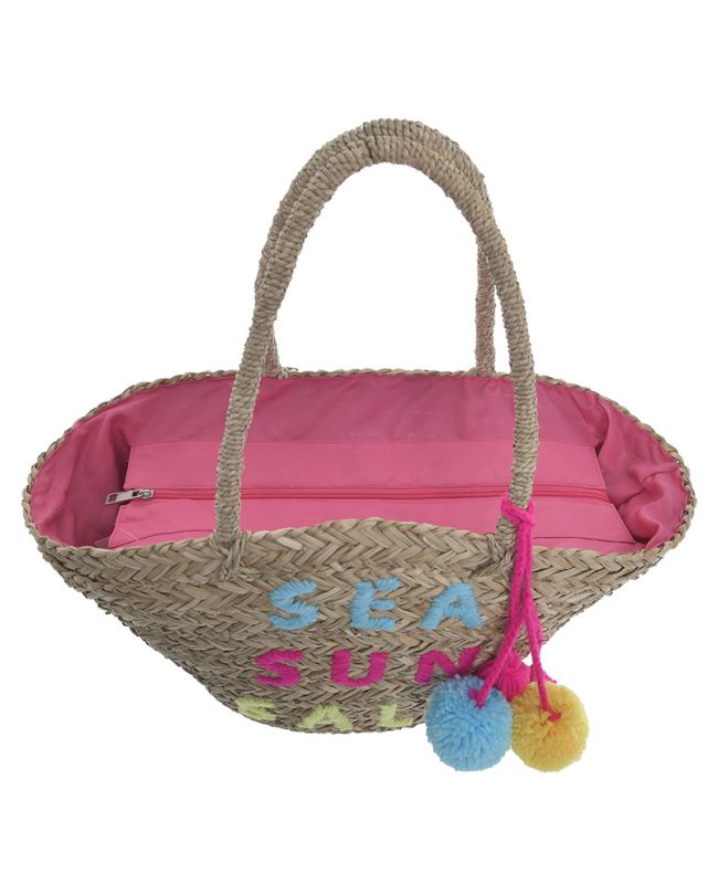 Τσάντα ψάθινη ''sea sun salt'' με ροζ λεπτομέρειες και φουντάκια