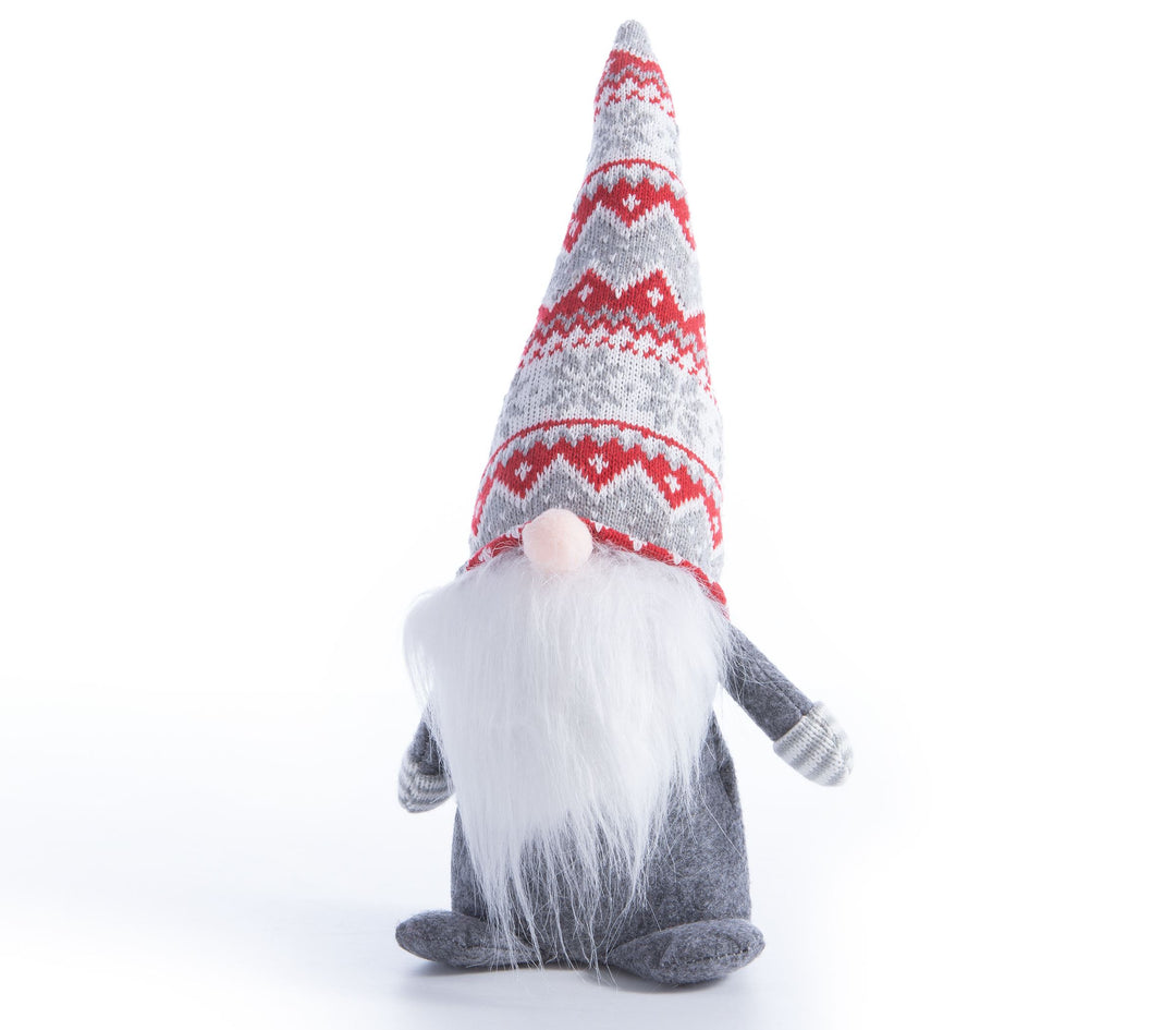 Χριστουγεννιάτικο στοπ πόρτας σε σχήμα νάνου με κόκκινο γκρι σκούφο και πλεκτές λεπτομέρειες