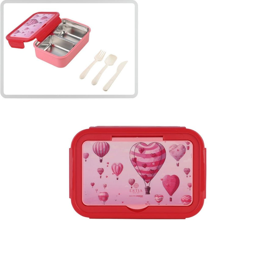 Τάπερ Estia Παιδικό Ανοξείδωτο 2 Θήκες Κουτάλι Πιρούνι Μαχαίρι 900ml Ροζ Love Ascend