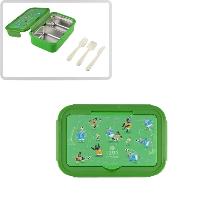 Τάπερ Estia Παιδικό Ανοξείδωτο 2 Θήκες Κουτάλι Πιρούνι Μαχαίρι 900ml Πράσινο Jungle Kick