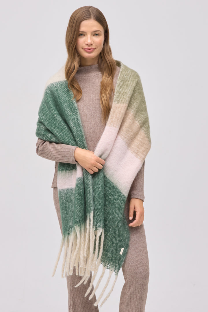 Γυναικεία Πασμίνα Μπεζ-Πράσινο με Κρόσια Ysabell Mora