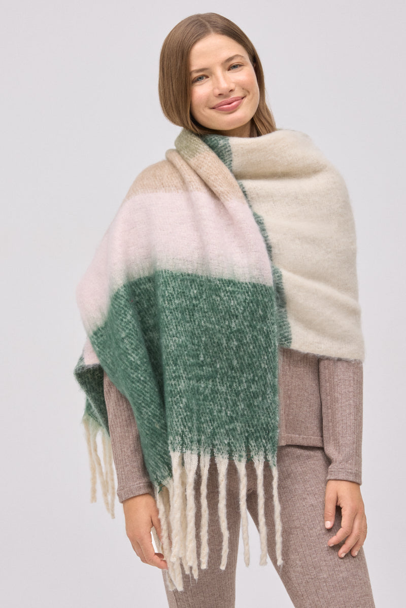 Γυναικεία Πασμίνα Μπεζ-Πράσινο με Κρόσια Ysabell Mora