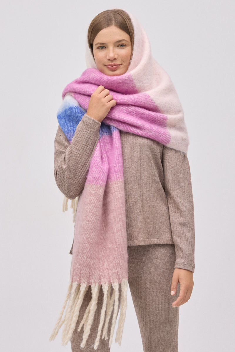 Γυναικεία Πασμίνα Μπεζ-Ροζ-Γαλάζιο με Κρόσια Ysabell Mora