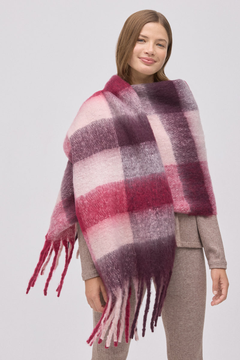 Γυναικεία Πασμίνα Καρό Ροζ-Μπεζ με Κρόσια Ysabell Mora