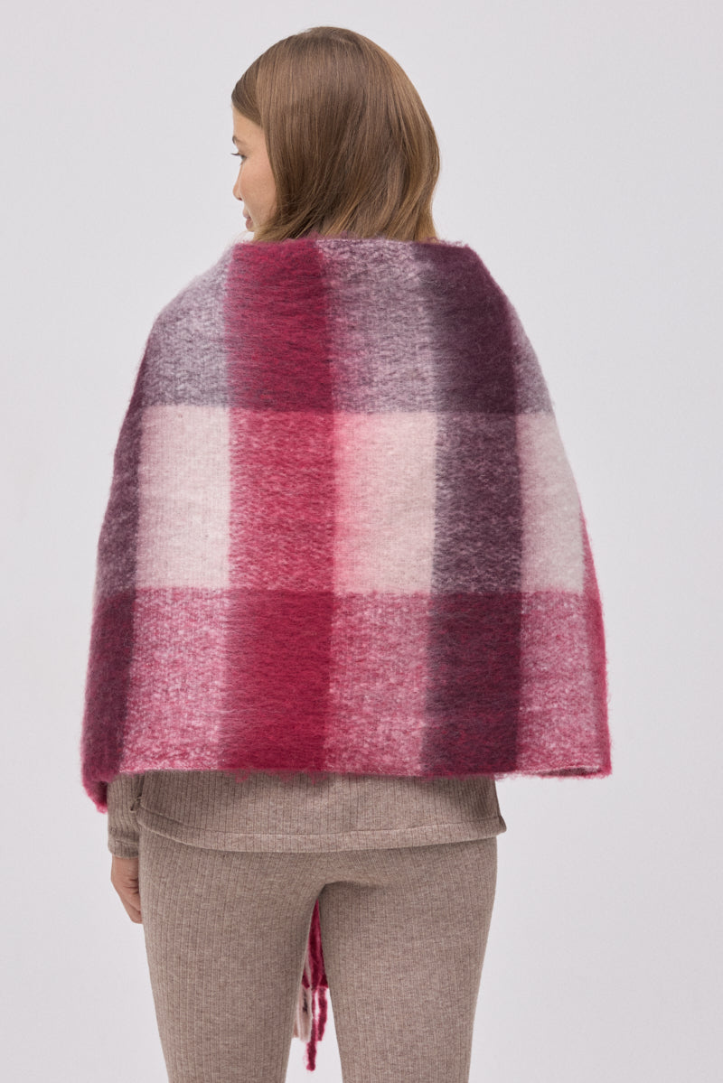 Γυναικεία Πασμίνα Καρό Ροζ-Μπεζ με Κρόσια Ysabell Mora