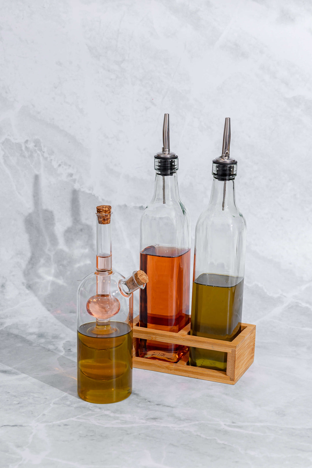 Μπουκάλια Γυάλινα Για Λάδι & Ξύδι Σετ 2τμχ 280ml Με Ξύλινη Βάση Allure Estia