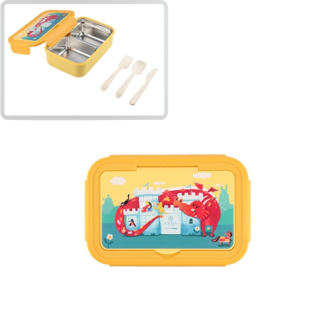Τάπερ Estia Παιδικό Ανοξείδωτο 2 Θήκες Κουτάλι Πιρούνι Μαχαίρι 900ml Κίτρινο Fortress Dragon